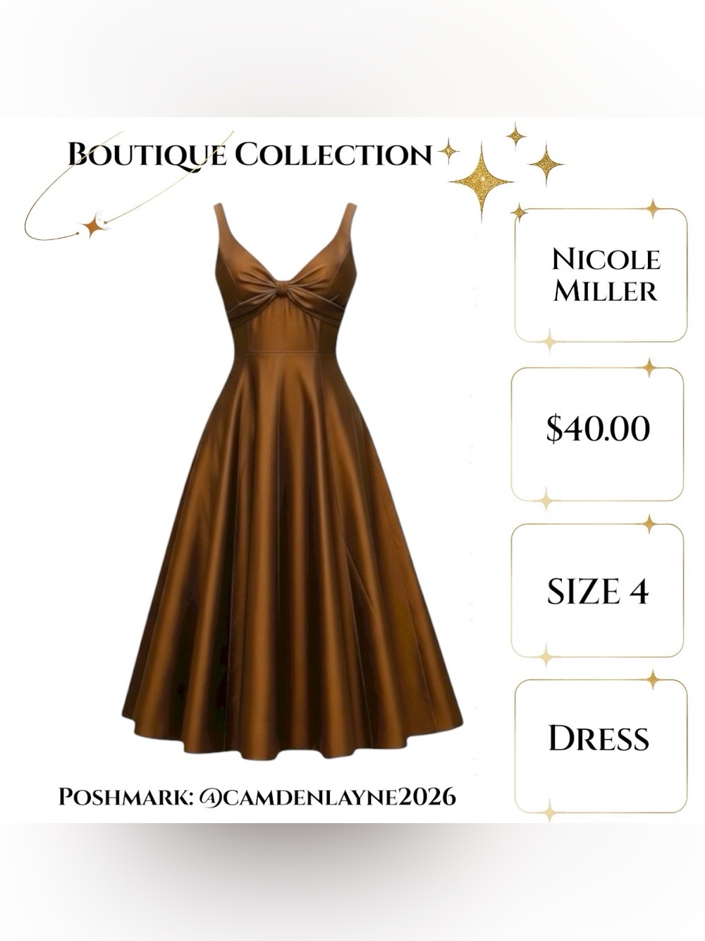 Nicole Miller Bronze Copper Chocolate Brown Midi Dress with Back Bow - Picture 4 of 13